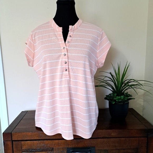 Calvin Klein Pink And White Stripe T-shirt Large Henley Casual Cotton Tee - Picture 1 of 15